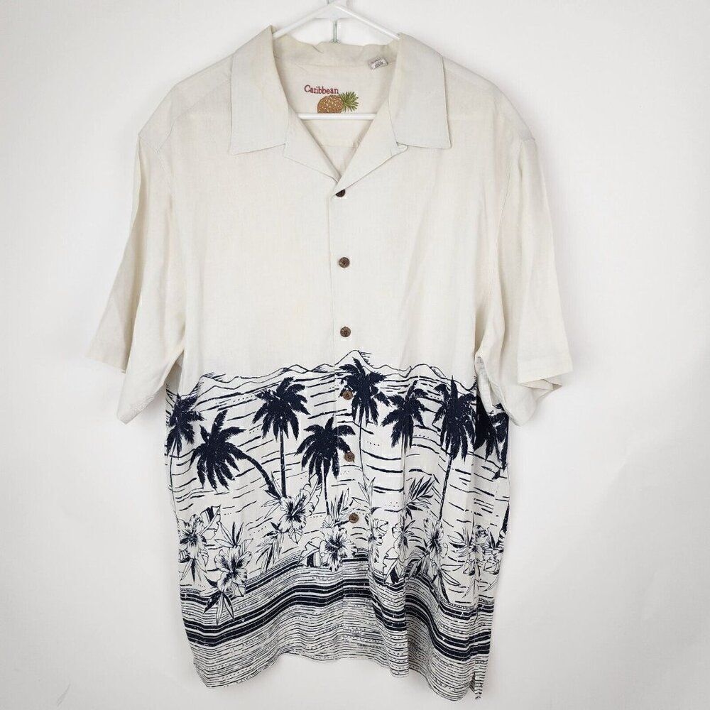 Caribbean Cream Linen Palm Tree Tropical Short Sleeve Button Down Shirt Mens XL